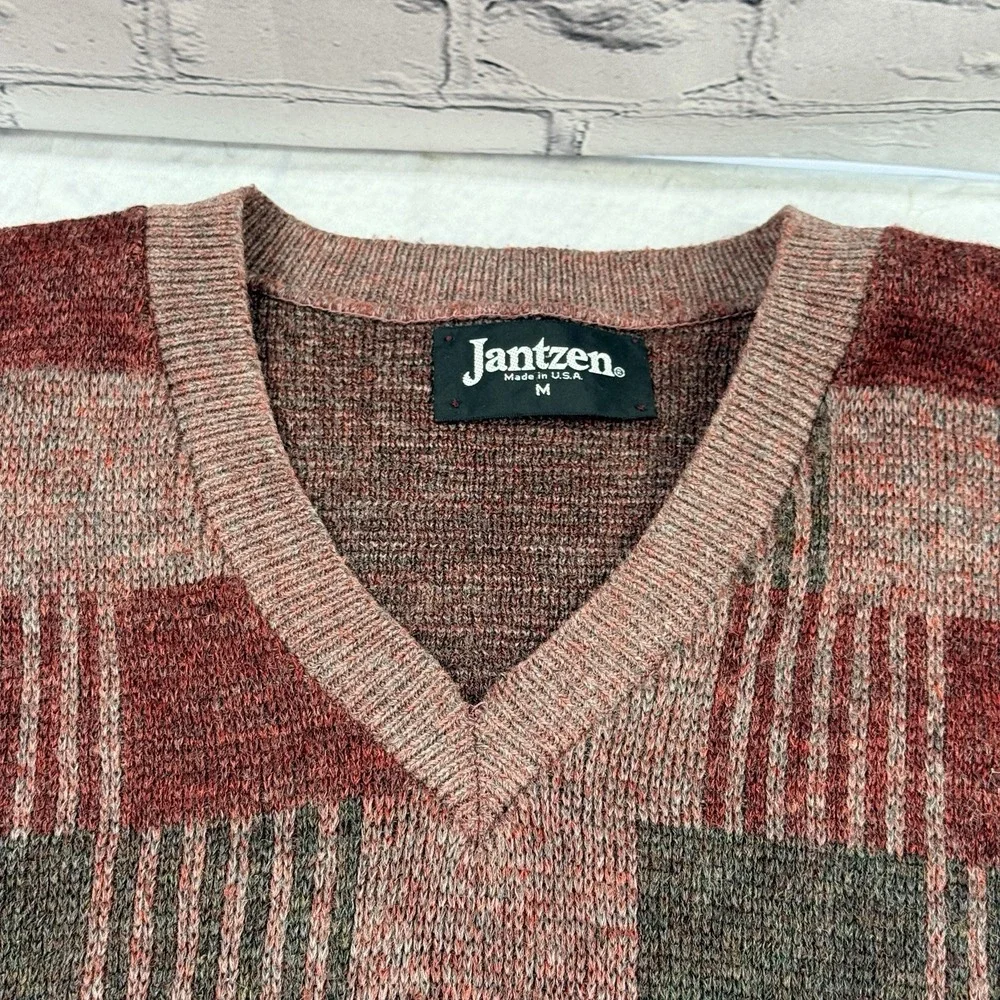 Vintage 80s Jantzen Wool‎ Blend Sweater Men's M Red V Neck Geometric USA Dad